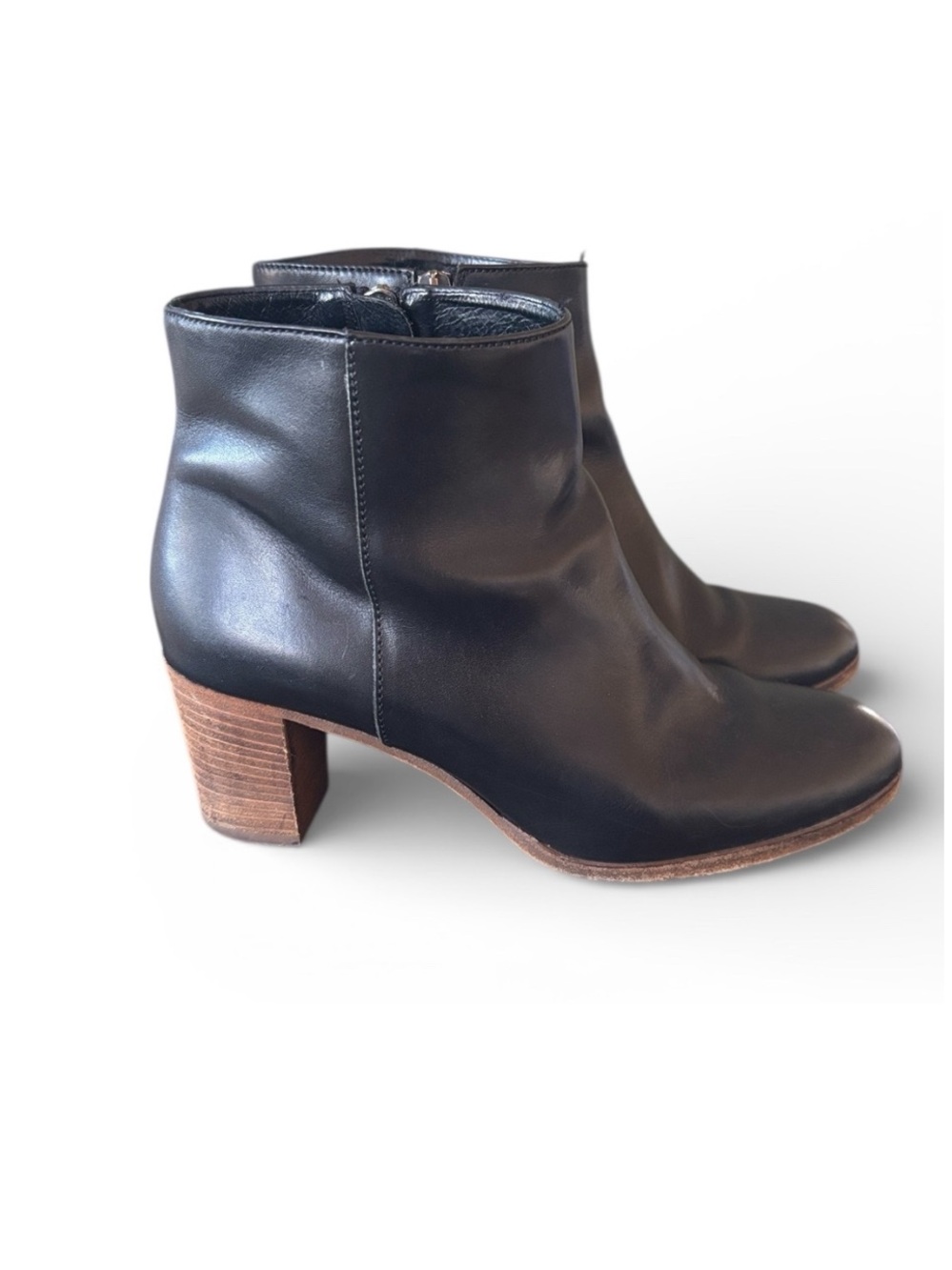 J Crew Black‎ Aggie Italian Leather Ankle Boot Stacked Block Heel Size 8.5